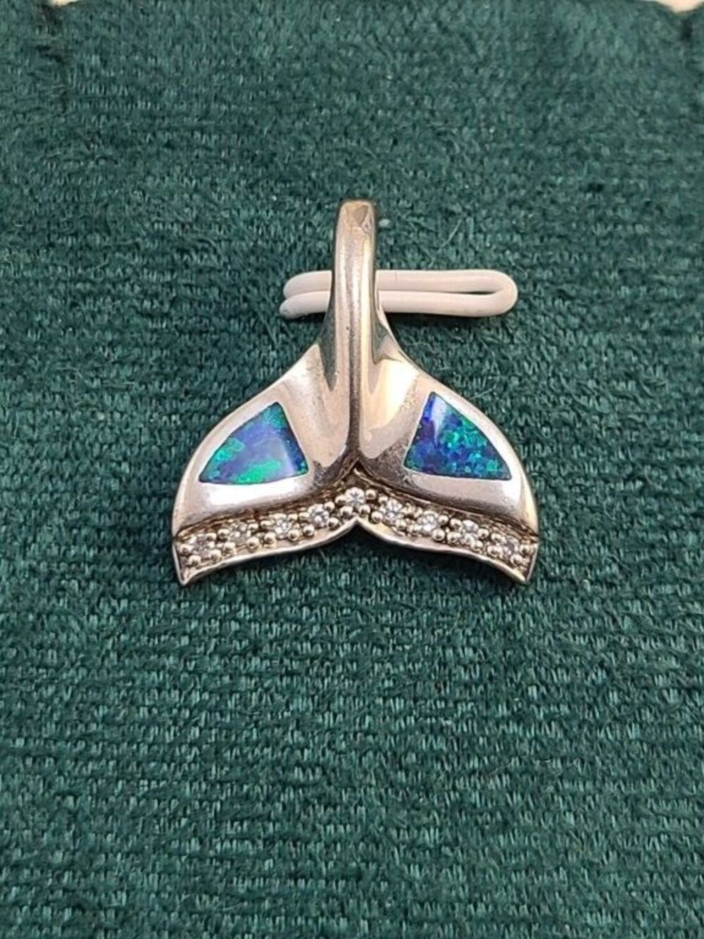 925 Sterling Silver Blue Opal Dolphin Tail Pendant Ocean Hawaiian Charm CZ Accen